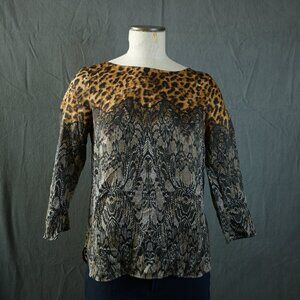 Ann Taylor S Brown Black Animal Print Lace Blouse Top 3/4 sleeve
